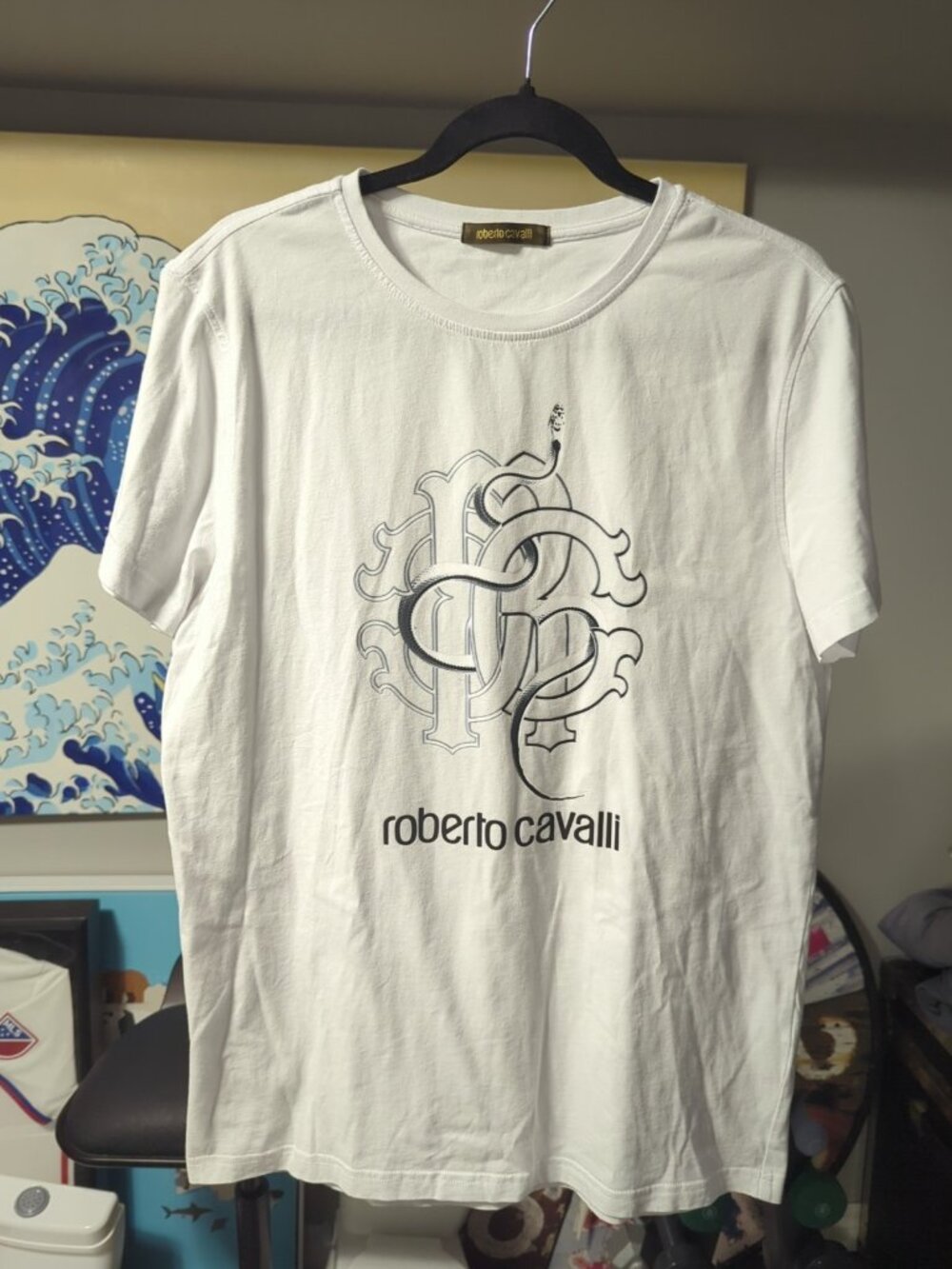 MENS LARGE WHITE FITTED ROBERTO CAVALLI GRAPHIC T-SHIRT Extra Large XL